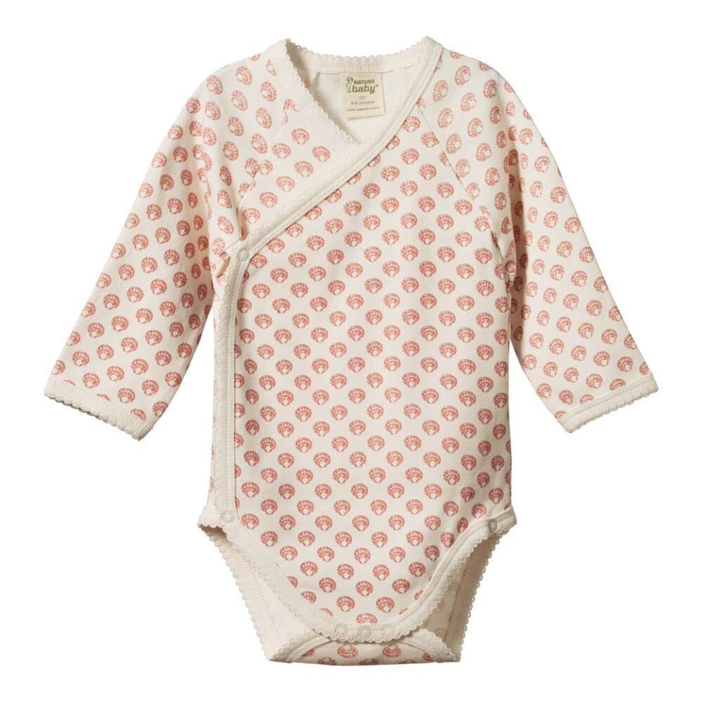 Long Sleeve Kimono Bodysuit - Scallop Shell Print Bodysuits + Onesies Nature Baby 