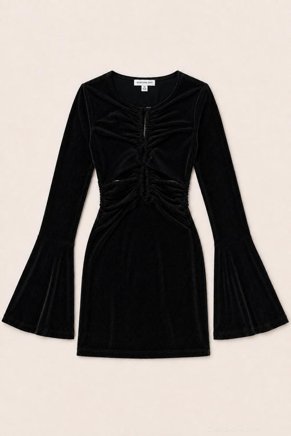 Lurex Cinched Mini Dress With Bell Sleeves - Black - Dresses
