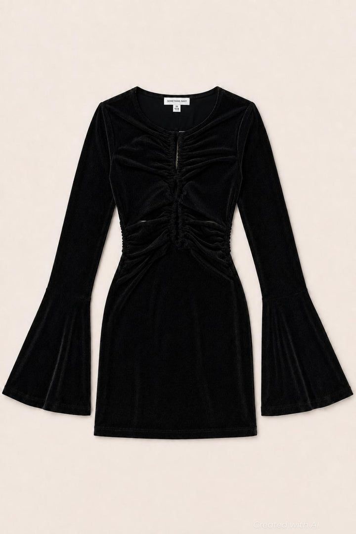 Lurex Cinched Mini Dress With Bell Sleeves - Black - Dresses