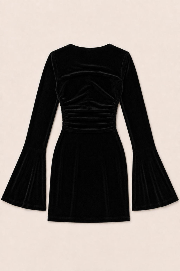 Lurex Cinched Mini Dress With Bell Sleeves - Black - Dresses