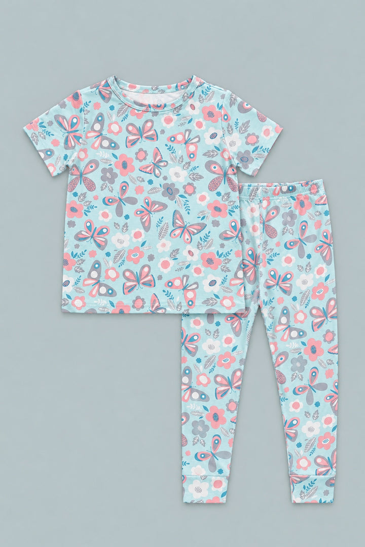 Big Kid Pajama Short Sleeve - Butterfly Aqua
