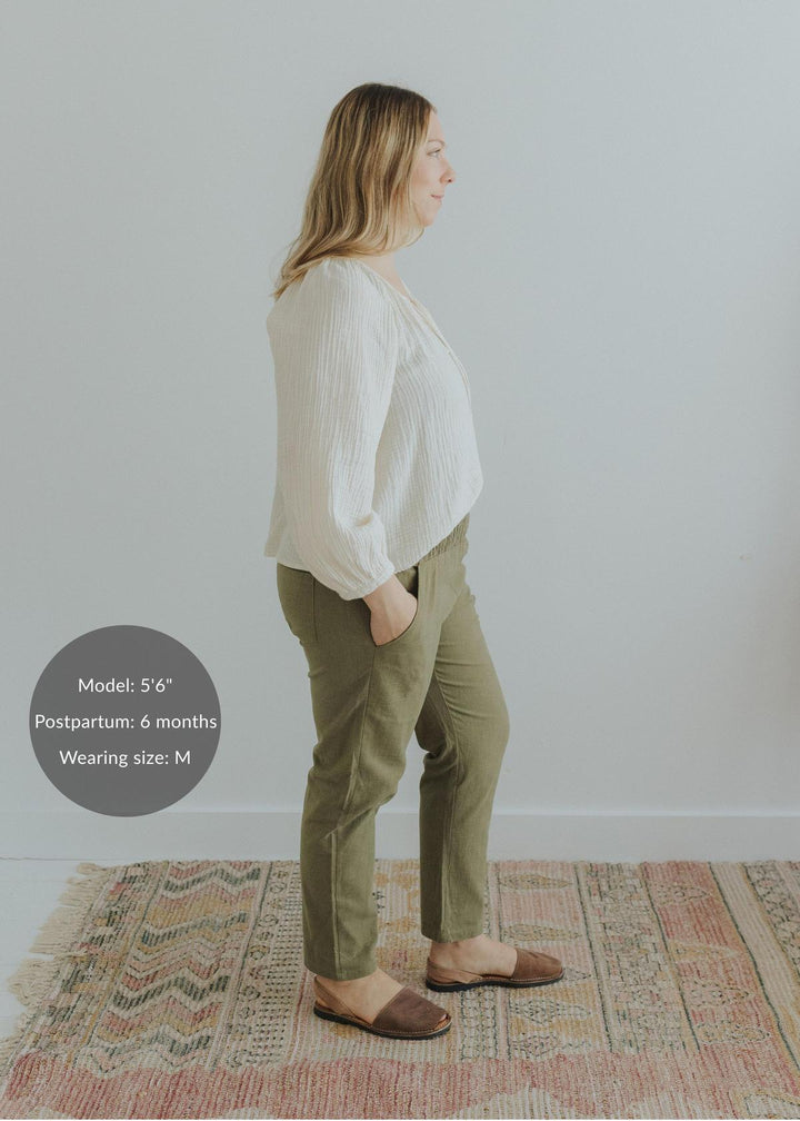 Transitional Maternity Linen Pant - Extended Inseam - Olive