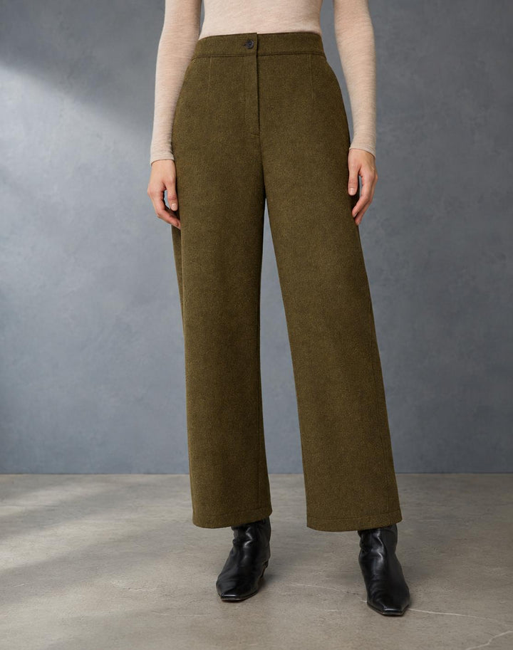 Wool-Cashmere Double Face Jersey Downing Barrel Leg Ankle Pant - Forage Green Melange