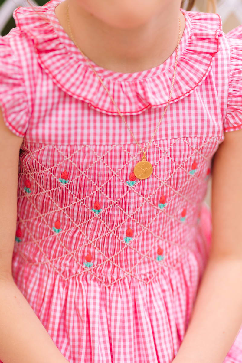 Tulip Pink Gingham Frilled Cap Sleeve Smocked Dress - Floral/Checkered
