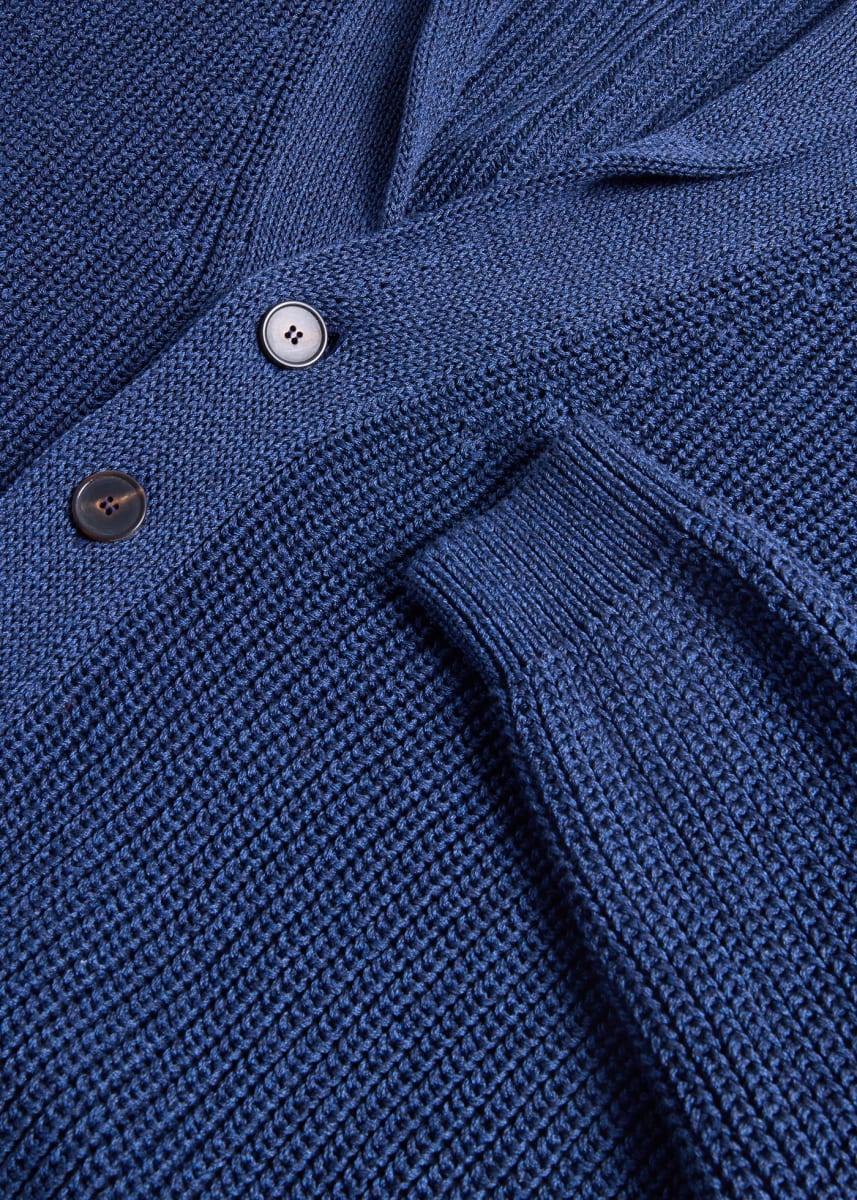 Cotton Linen Shawl Collar Cardigan - Blue