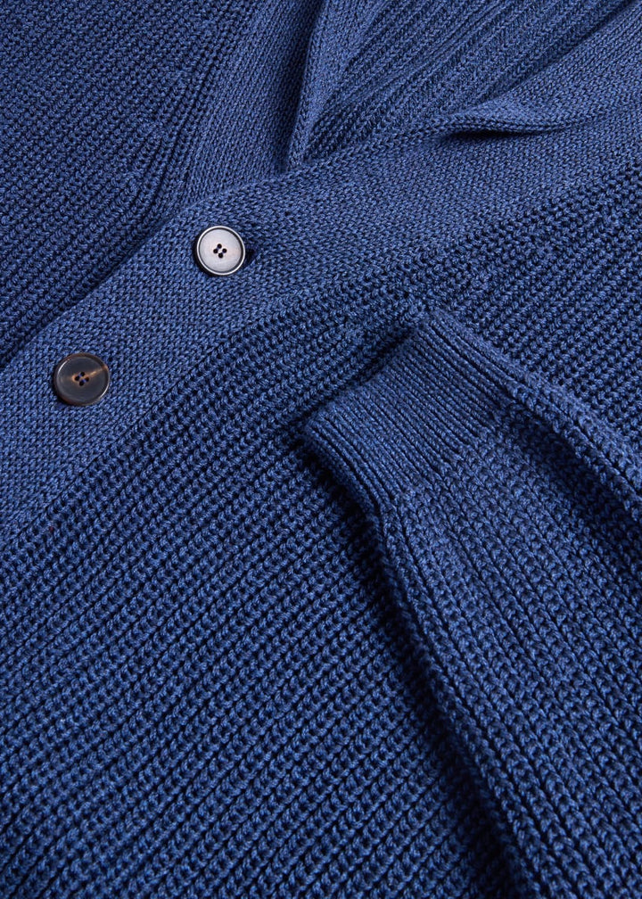 Cotton Linen Shawl Collar Cardigan - Blue