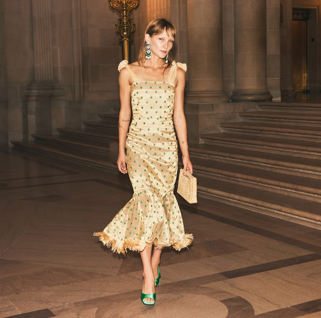 Desirae Embroidered Fringe Midi Dress - Gold with Mini geometric floral embroidery