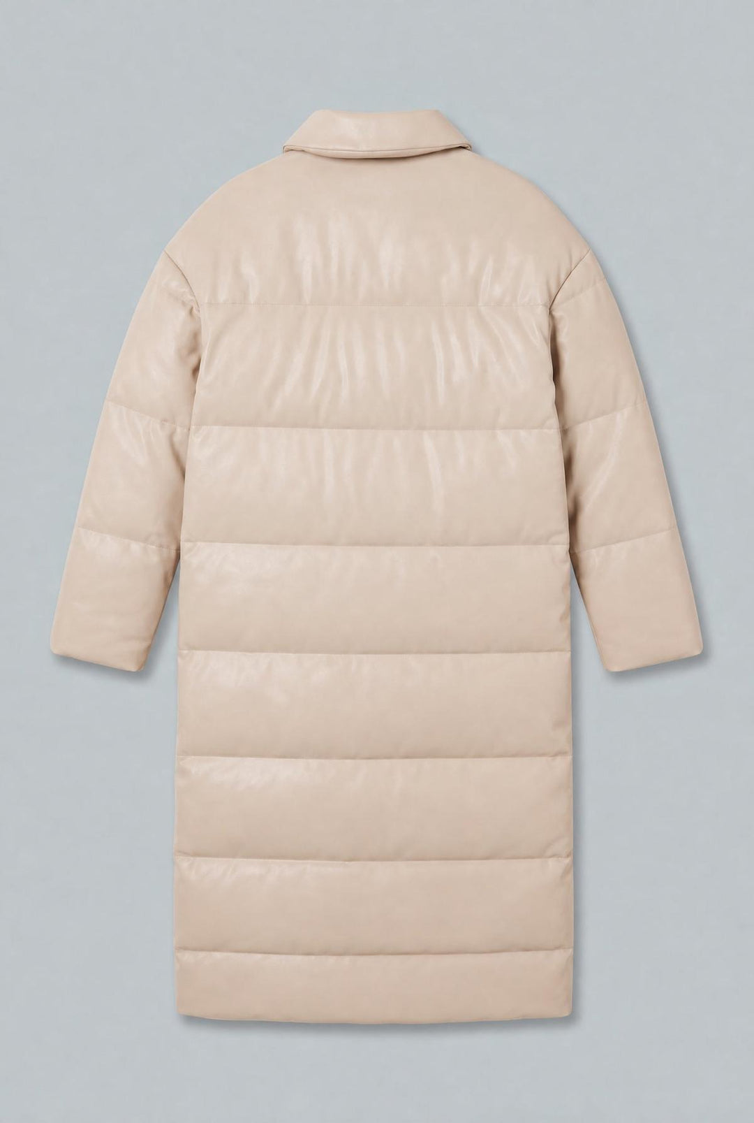 Faux Leather Long Puffer Coat - Ecru