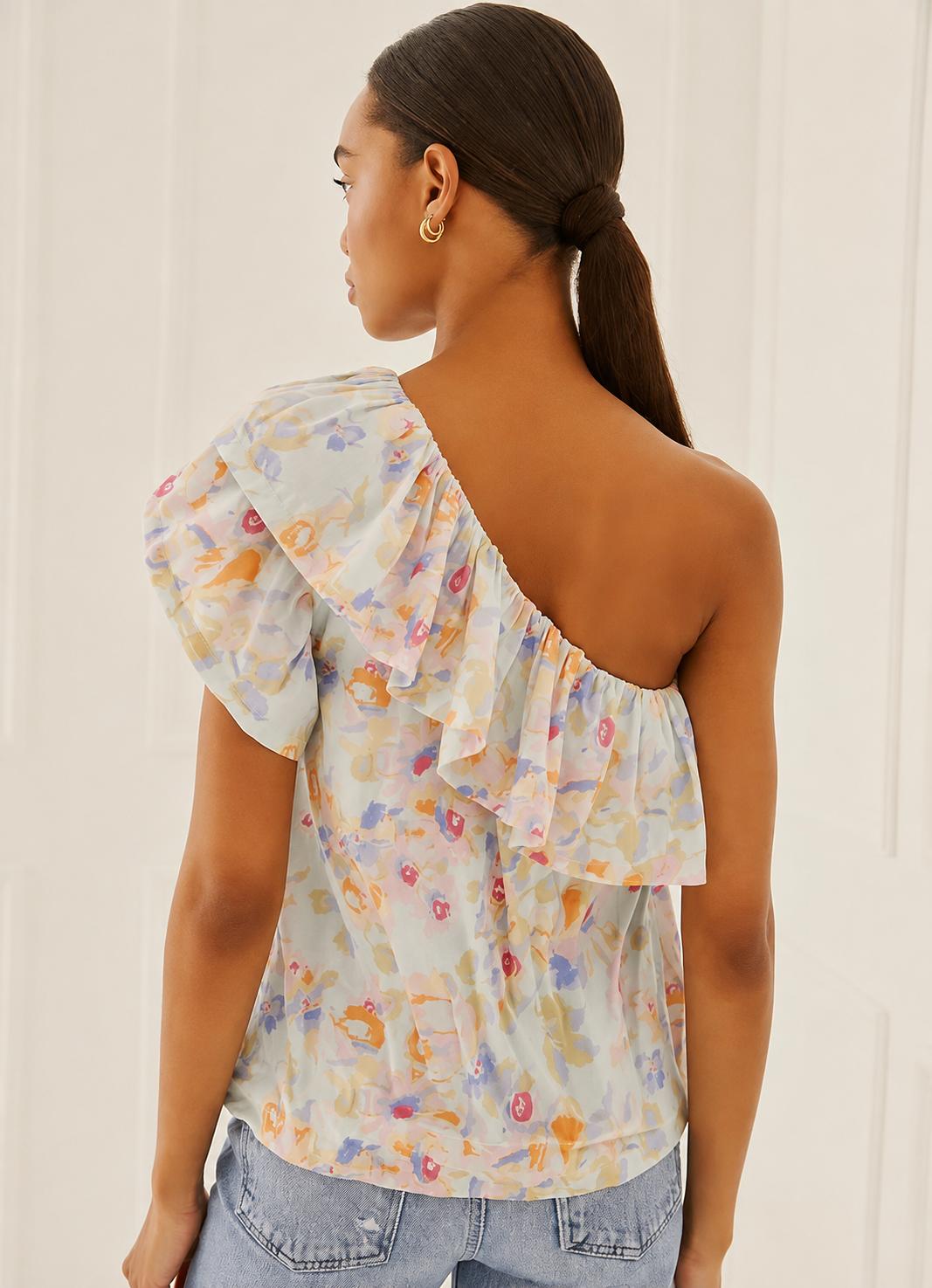 One Shoulder Ruffle Top - Blue Combo