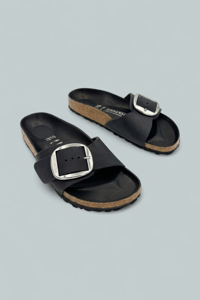 Madrid Big Buckle Sandals - Black Leather/Silver - US 6W / US 4M - Sandals