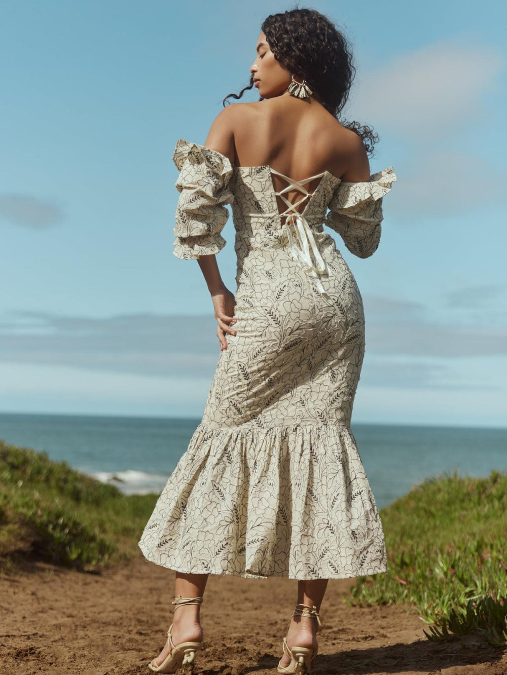 Maggie Embroidered Puff Sleeve Dress - Sand/Moonless Night Floral Outline Embroidery - FINAL SALE - Dresses