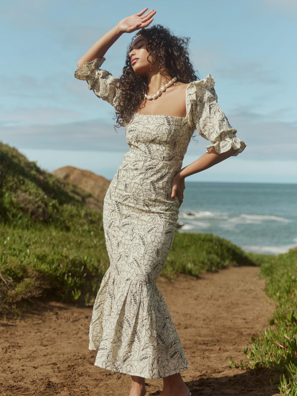 Maggie Embroidered Puff Sleeve Dress - Sand/Moonless Night Floral Outline Embroidery - FINAL SALE - Dresses