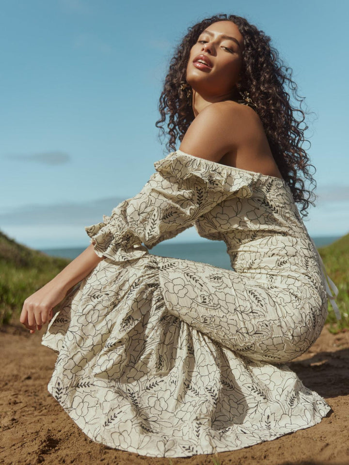 Maggie Embroidered Puff Sleeve Dress - Sand/Moonless Night Floral Outline Embroidery - FINAL SALE - Dresses