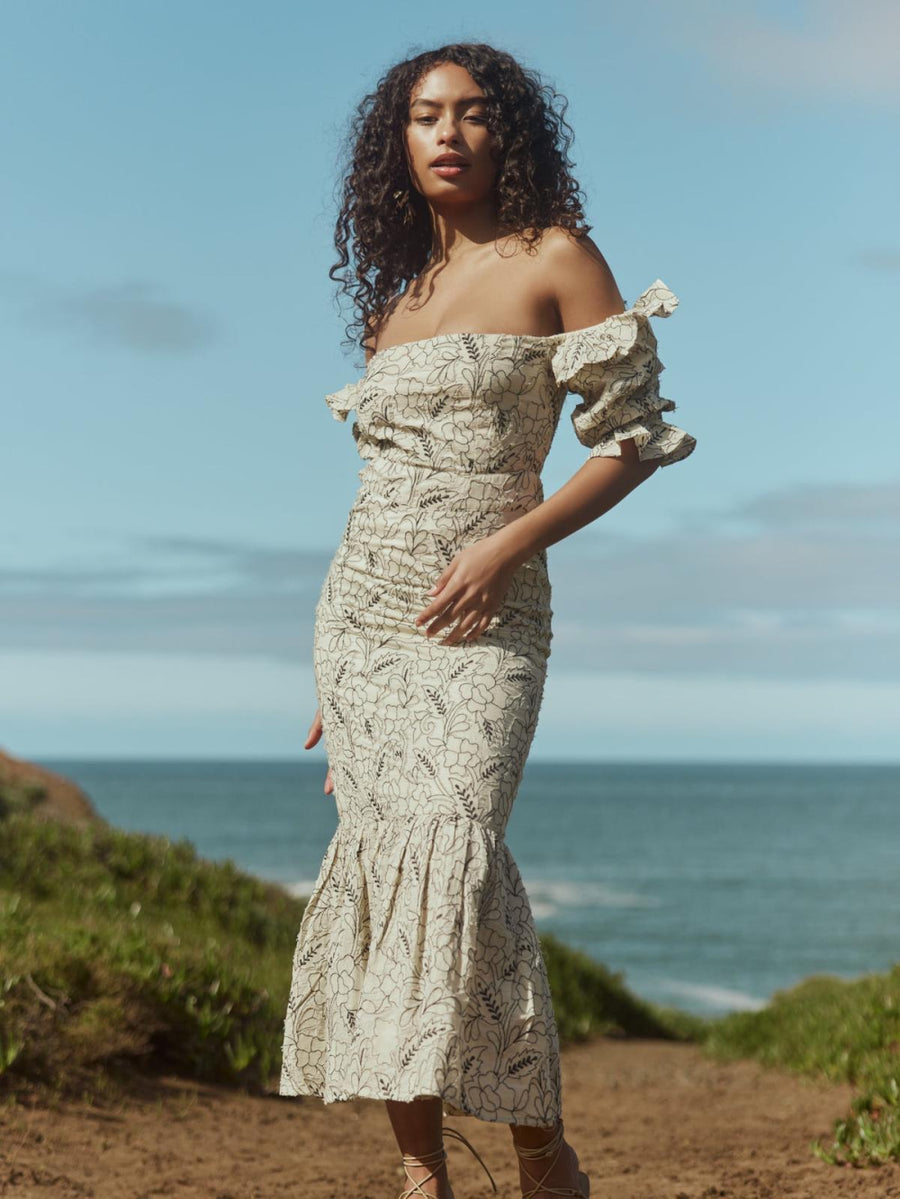 Maggie Embroidered Puff Sleeve Dress - Sand/Moonless Night Floral Outline Embroidery - FINAL SALE - Dresses