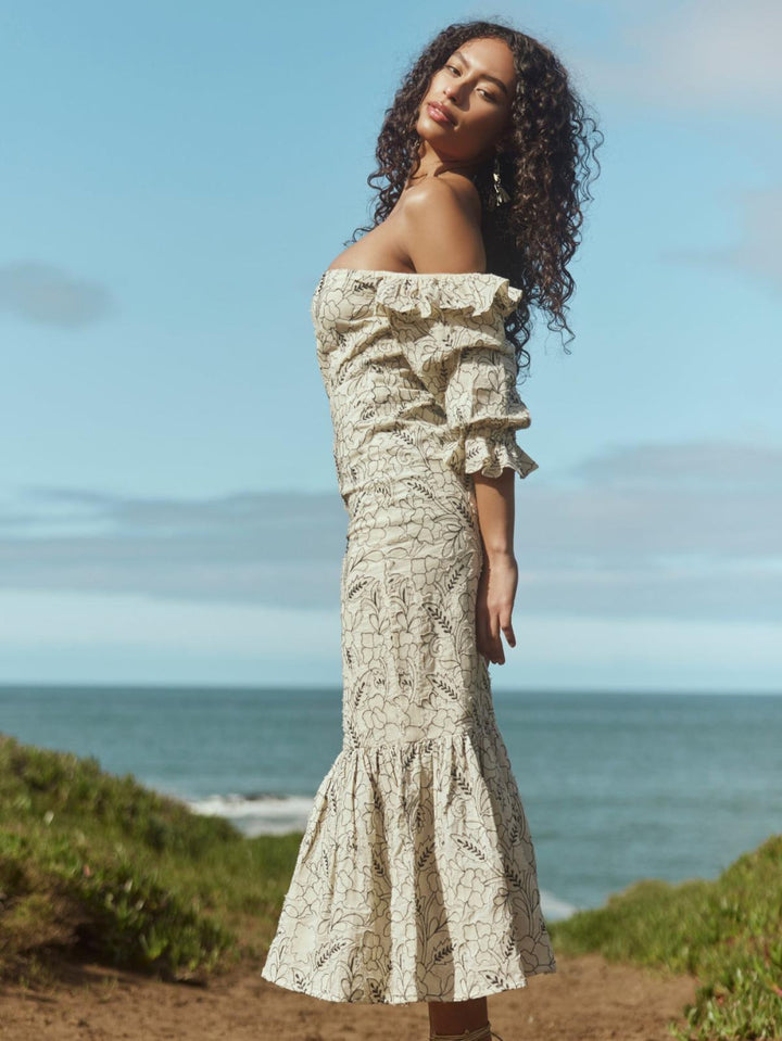 Maggie Embroidered Puff Sleeve Dress - Sand/Moonless Night Floral Outline Embroidery - FINAL SALE - Dresses