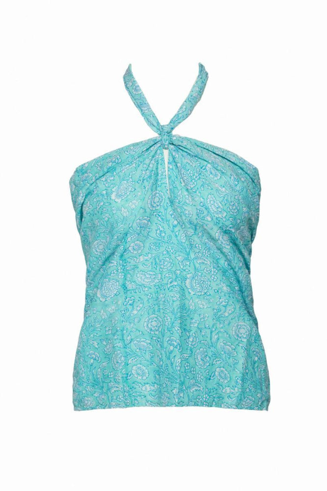 Mai Halter Top - Aqua-Floral - Shirt