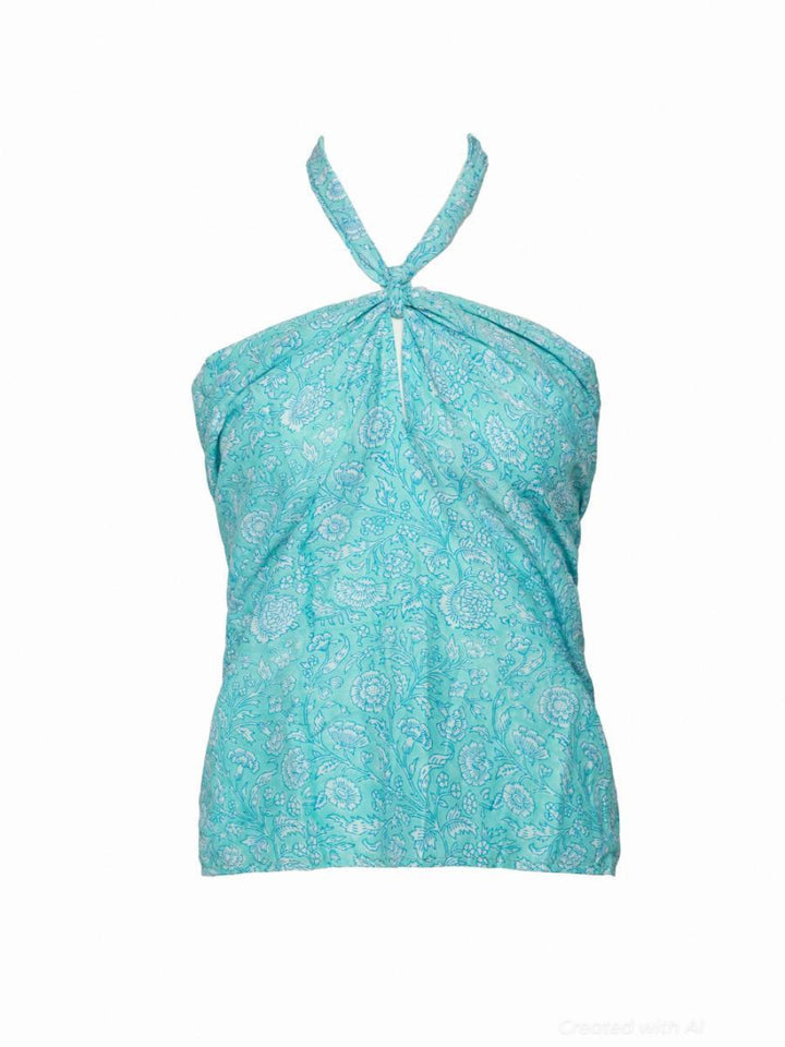 Mai Halter Top - Aqua-Floral - Shirt