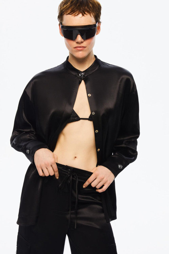 Mandarin Collar Shirt - Black - Collared Shirt