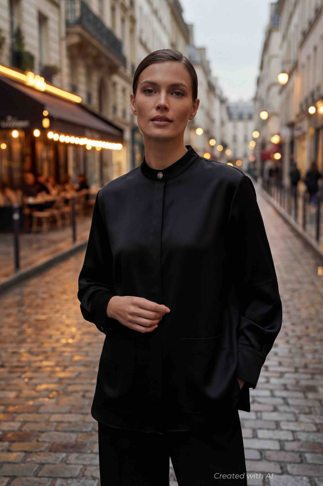 Mandarin Collar Shirt - Black - Collared Shirt