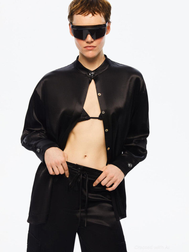 Mandarin Collar Shirt - Black - Collared Shirt