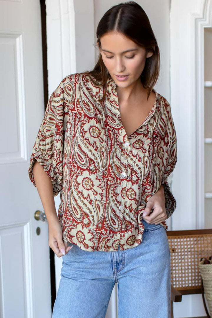 Mandarin Collar Top - Batik - One Size - Blouse