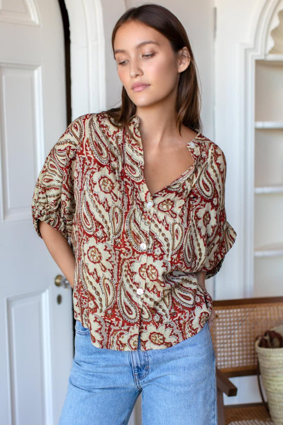 Mandarin Collar Top - Batik - One Size - Blouse