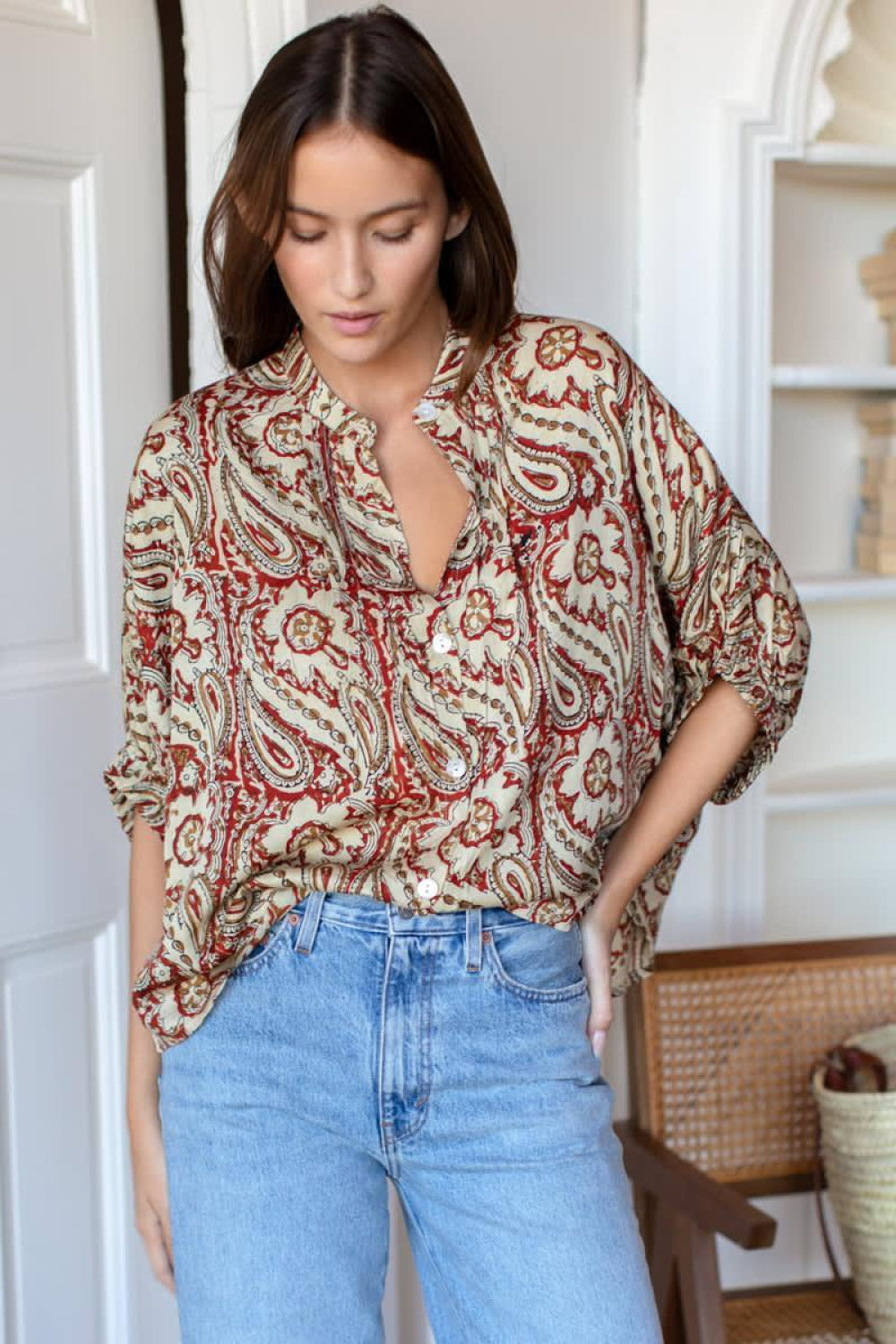 Mandarin Collar Top - Batik - One Size - Blouse
