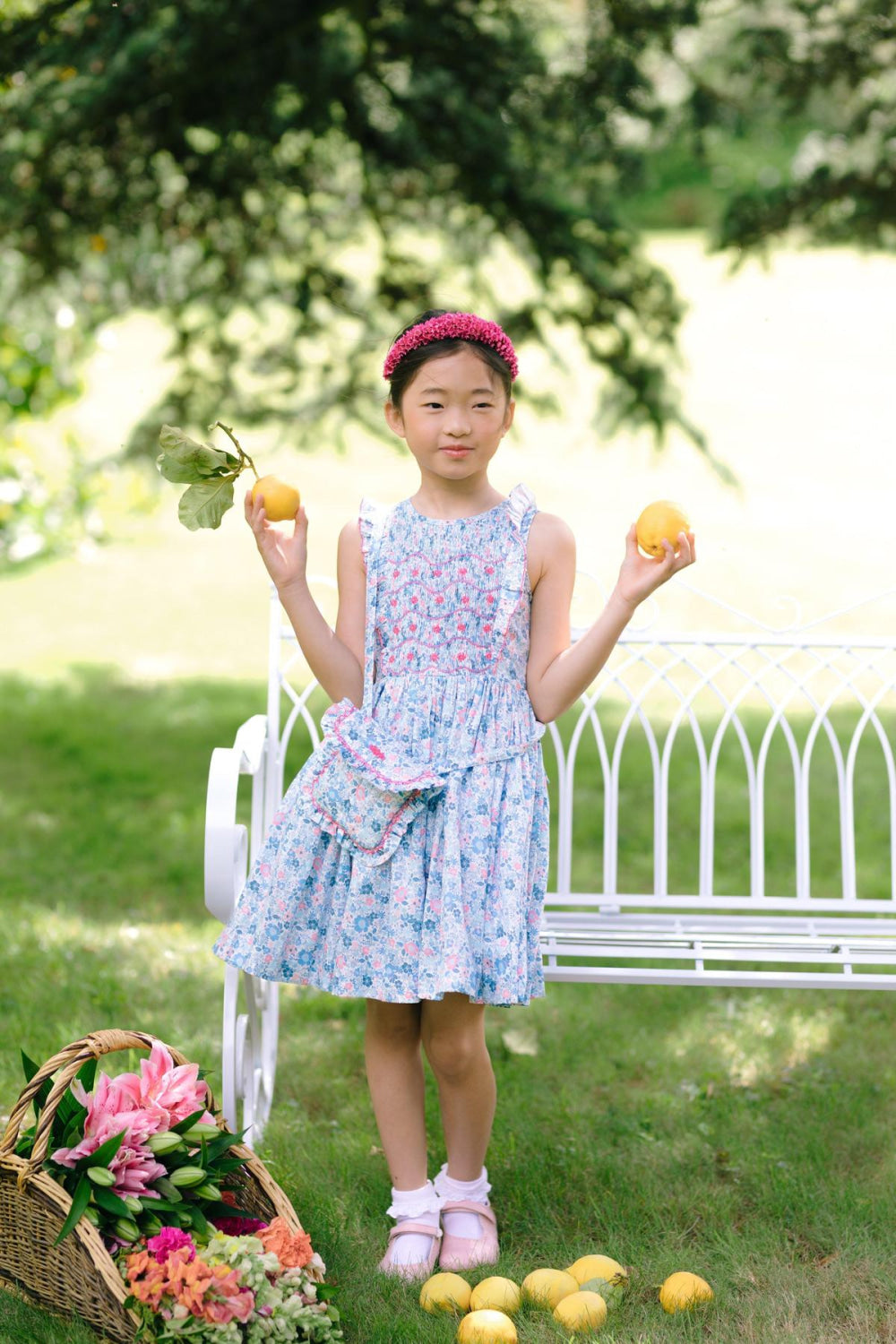 Marguerite Frilled Sleeveless Smocked Dress - Blue Floral - 6M - Dresses