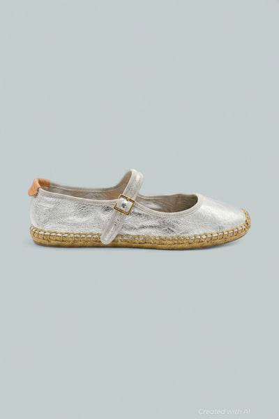 Mary Jane Espadrille Flat Shoes - Silver/Gray/Natural - 8.5 - Flats