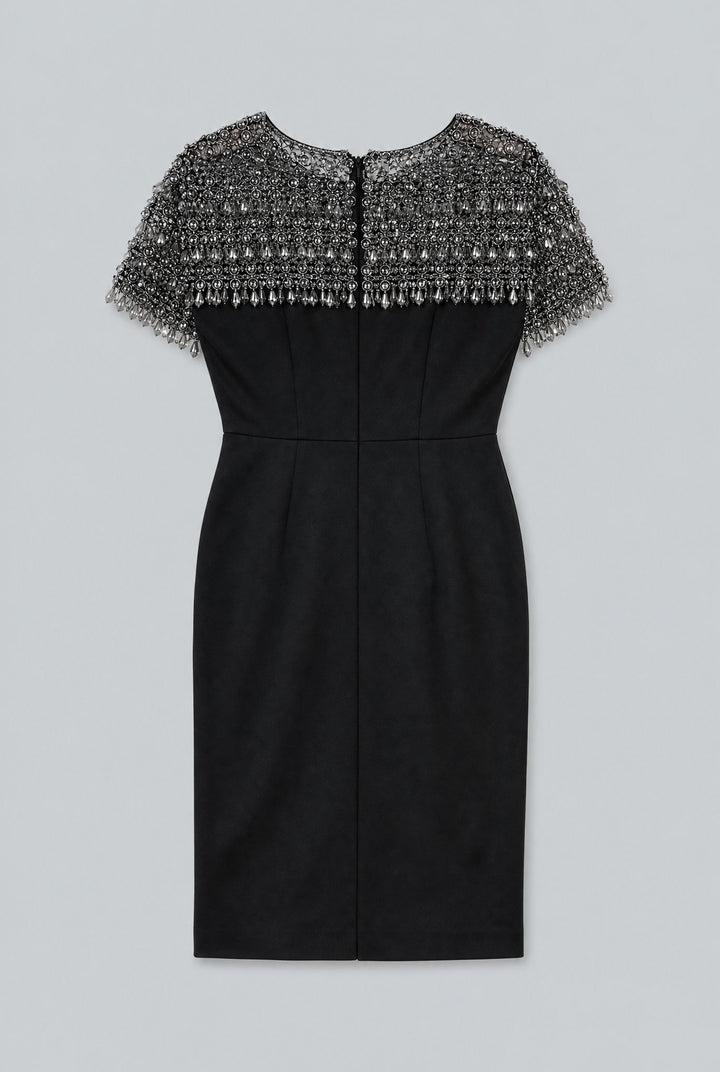 Embellished Short-Sleeve Crewneck Pencil Dress - Black Multi