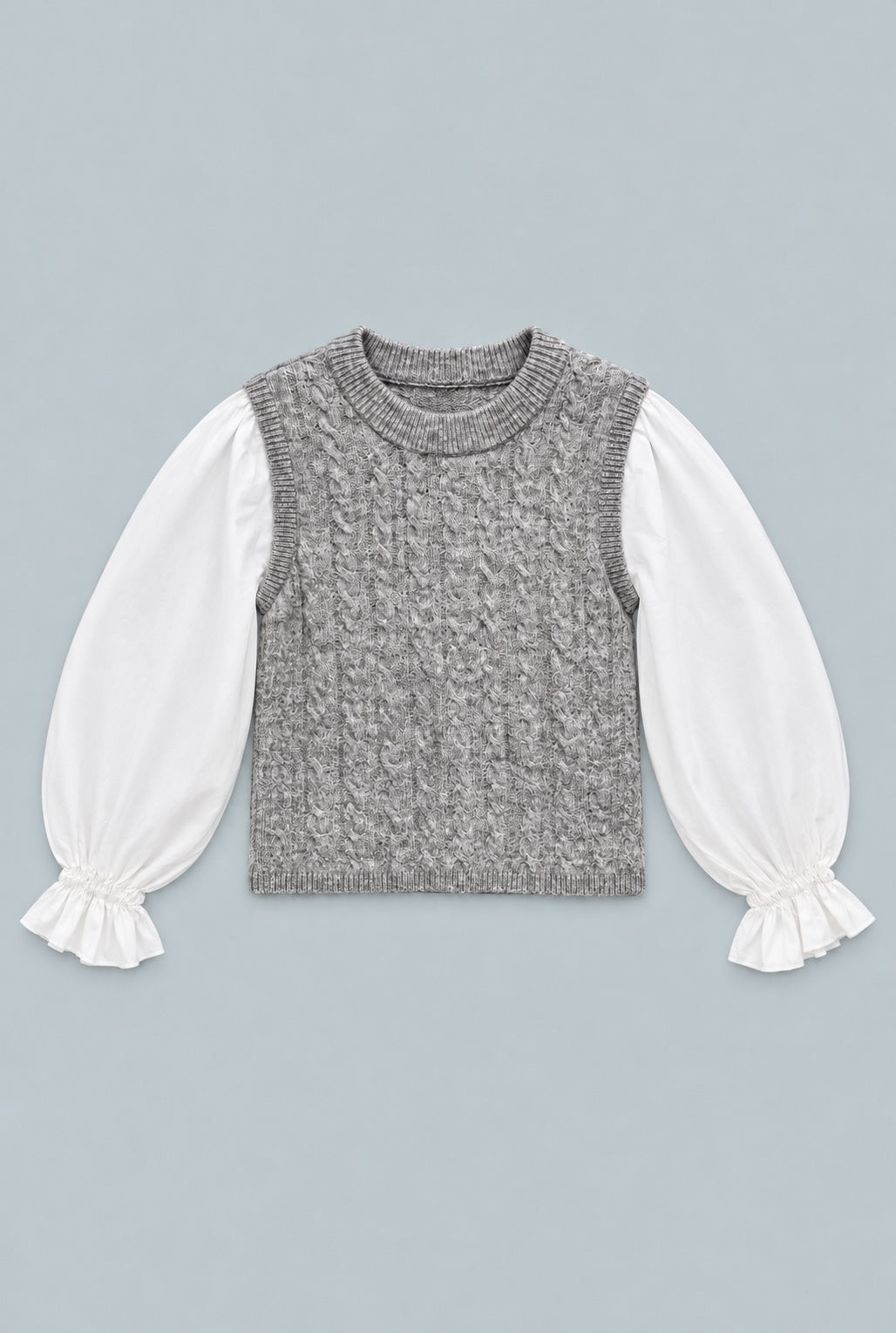 Mixed Media Cable Knit Sweater - Gray Combo