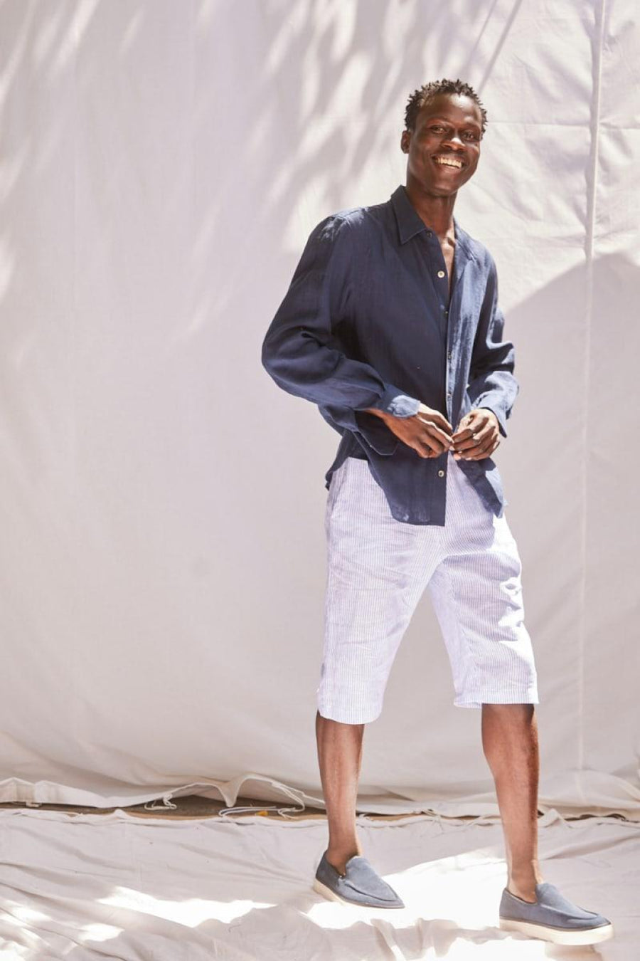 Men’s Casual Striped Linen Short - White/Blue - Bermuda Short