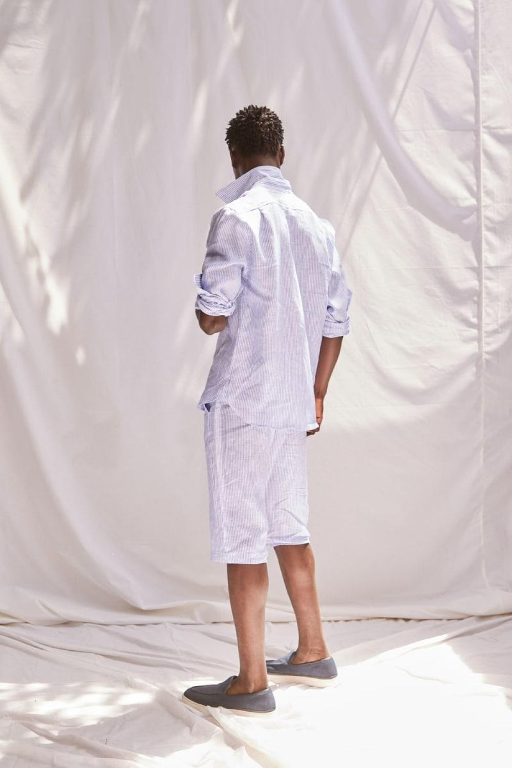 Men’s Casual Striped Linen Short - White/Blue - Bermuda Short