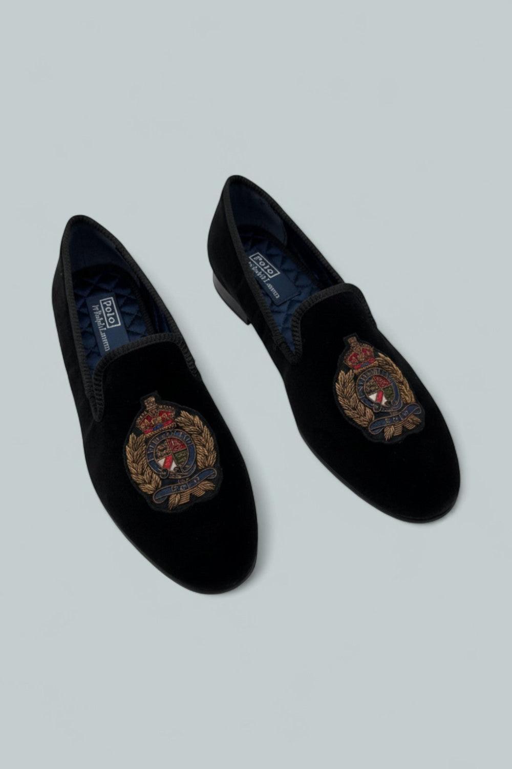 Men’s Paxton Crest Velvet Slipper - Black/Embroidery - 8.5 - Loafers