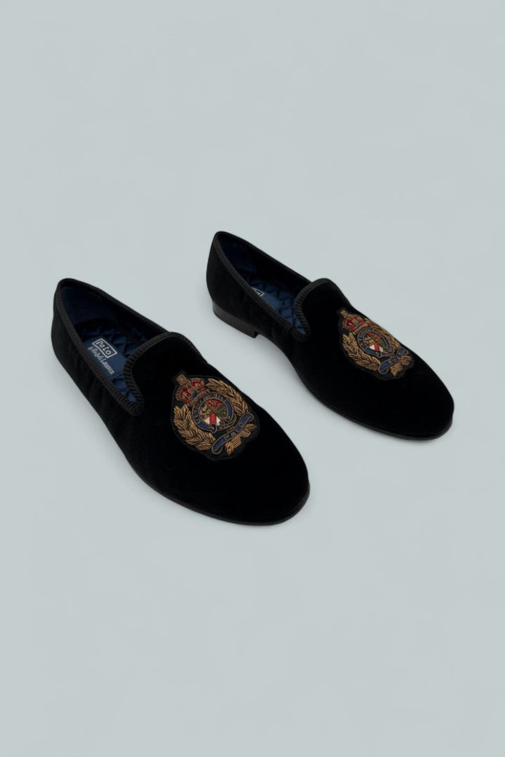 Men’s Paxton Crest Velvet Slipper - Black/Embroidery - 8.5 - Loafers