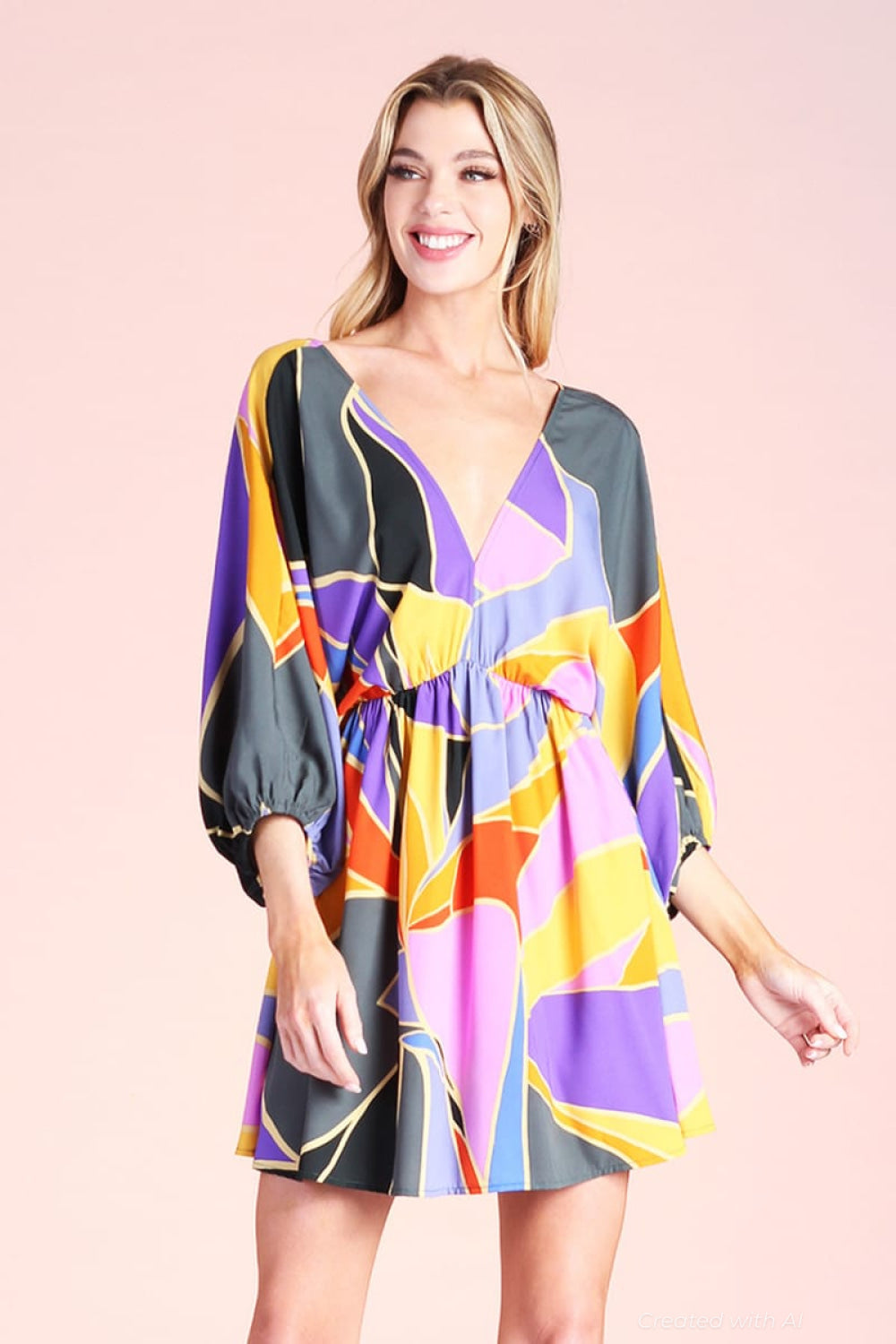 Metamorphosis Print Kimono Mini Dress - Blue - Dresses