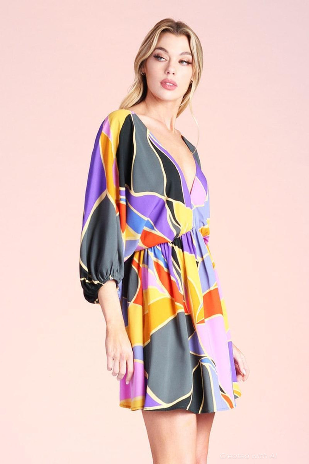Metamorphosis Print Kimono Mini Dress - Blue - Dresses