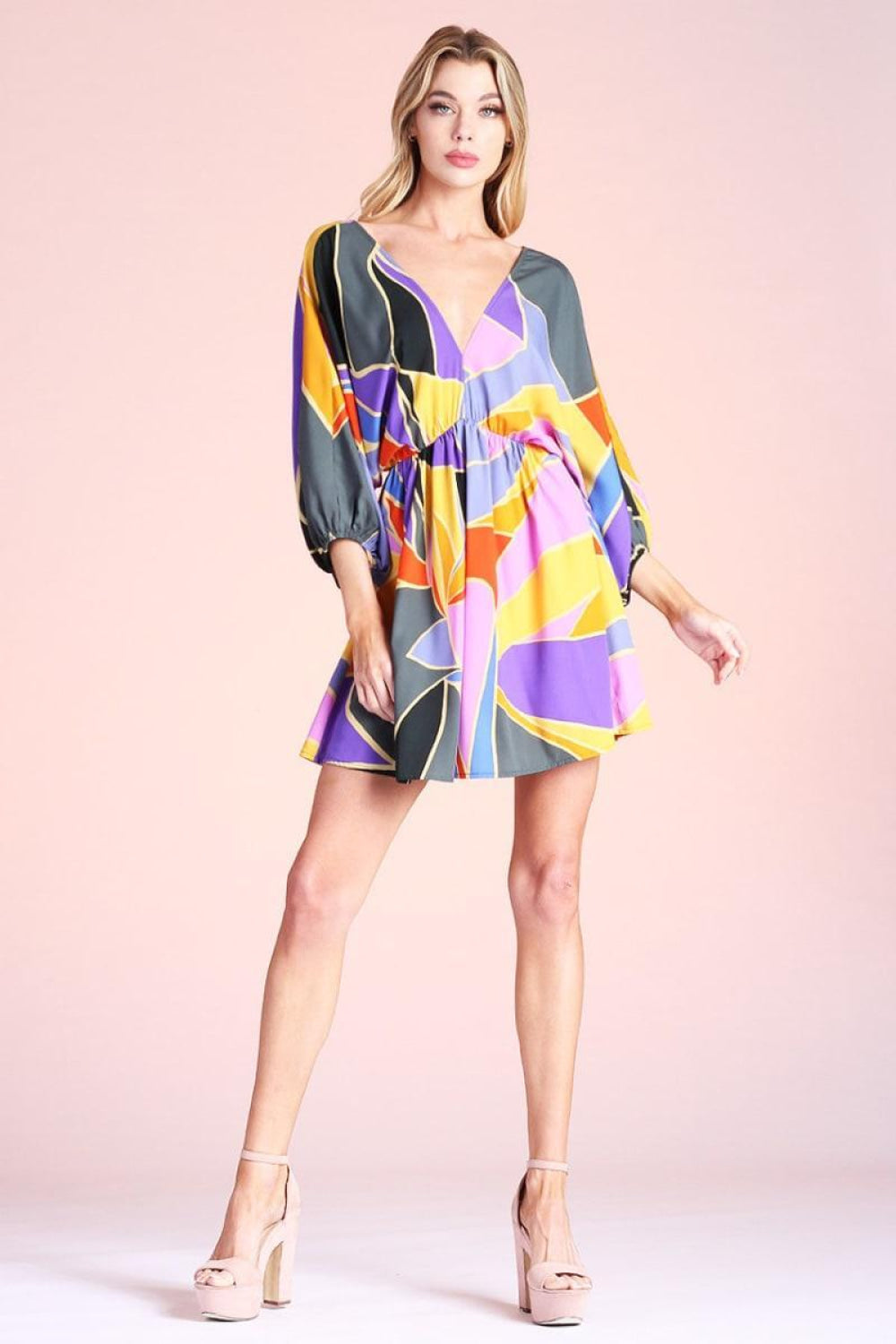 Metamorphosis Print Kimono Mini Dress - Blue - Dresses
