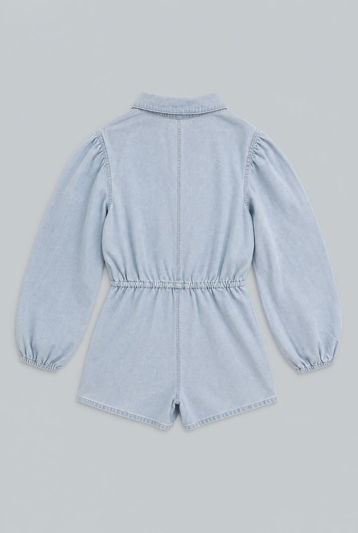 Balloon Sleeve Button Up Romper - Light Blue