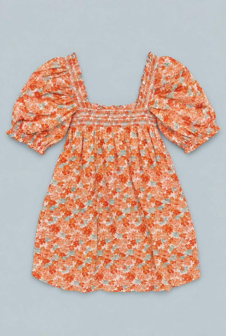 Floral Smocked Puff Shoulder Mini Dress - Orange Combo