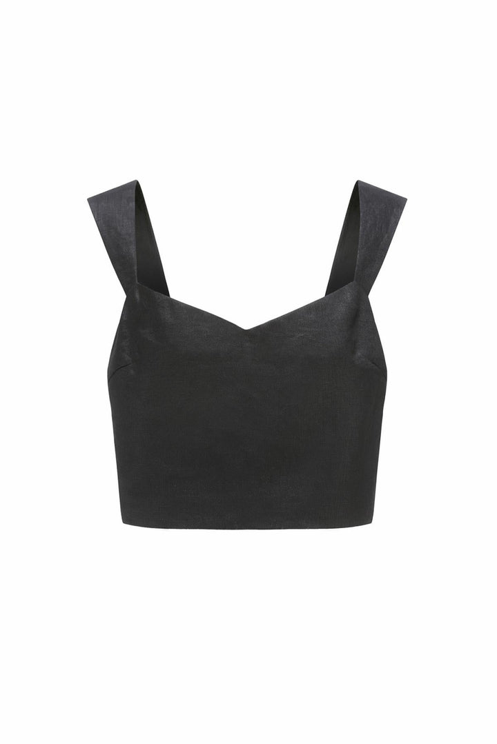 Mia French Linen Twill Crop Top - Black - Tank Top