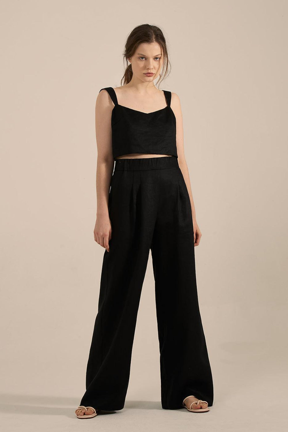 Mia French Linen Twill Crop Top - Black - Tank Top