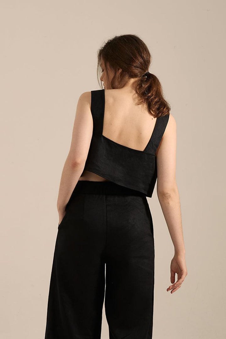 Mia French Linen Twill Crop Top - Black - Tank Top