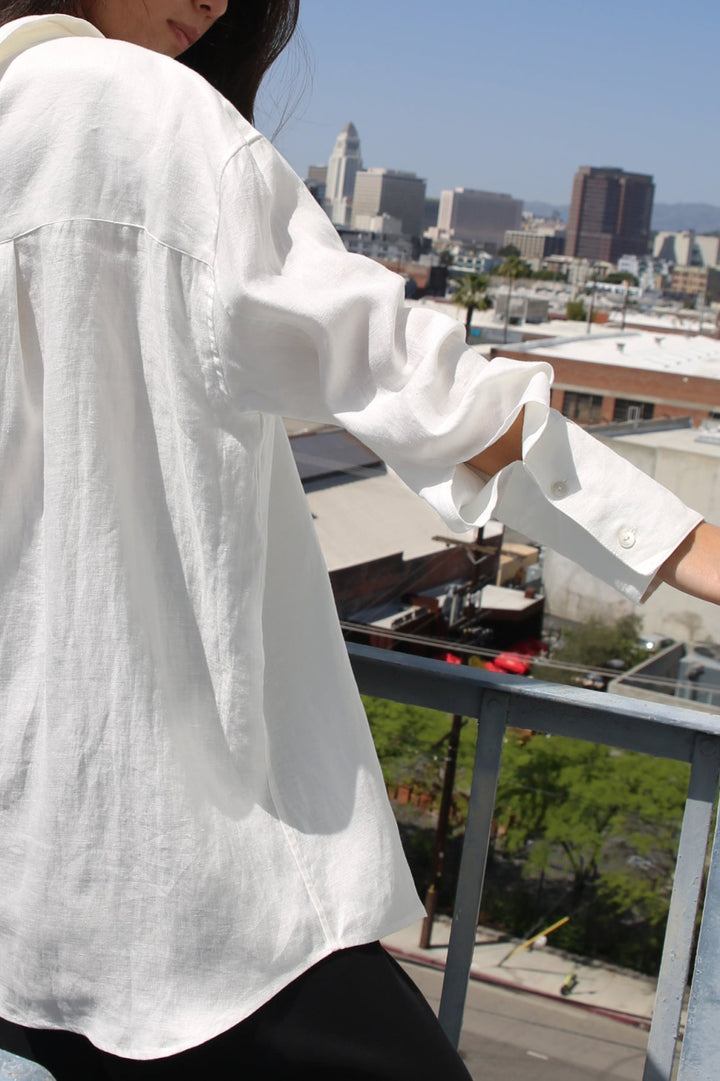 Mia French Linen Twill Oversized Shirt - White - Button Down Shirt