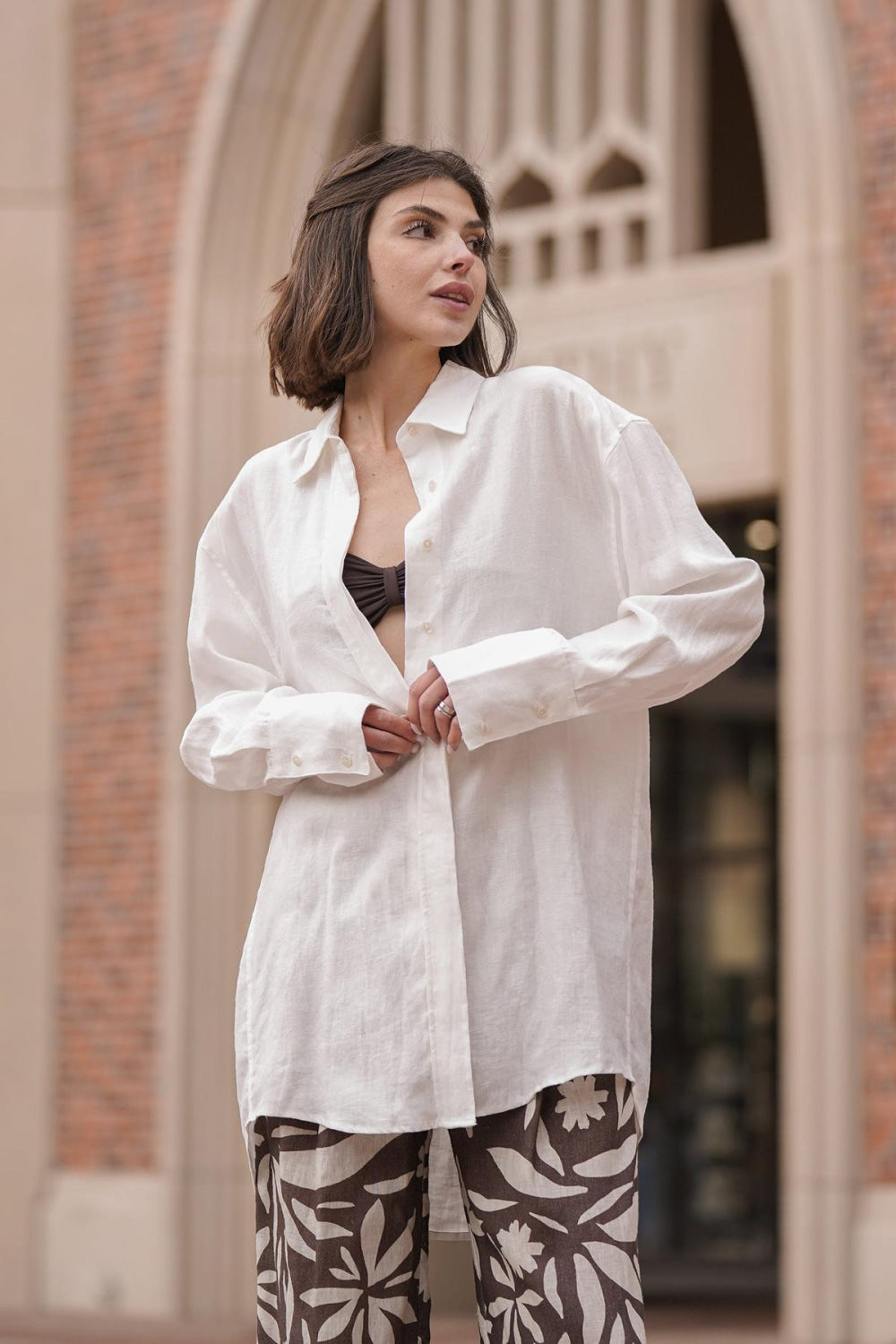 Mia French Linen Twill Oversized Shirt - White - Button Down Shirt
