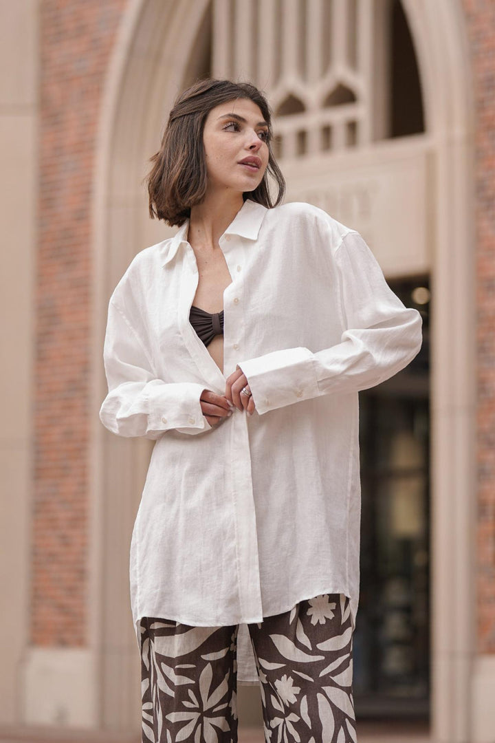 Mia French Linen Twill Oversized Shirt - White - Button Down Shirt