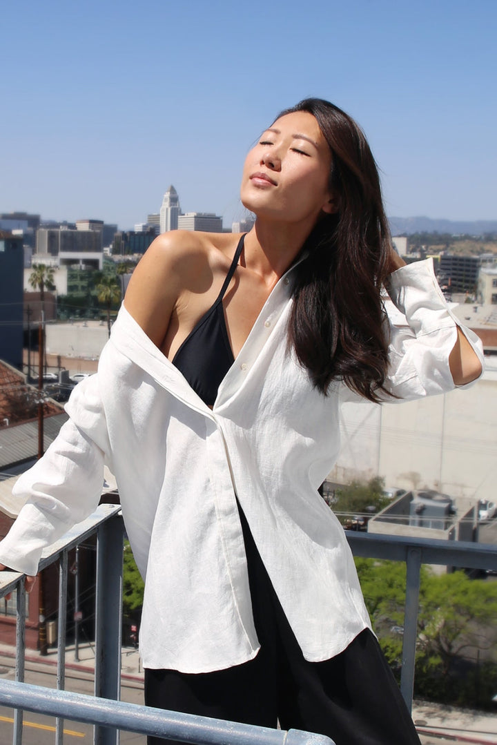 Mia French Linen Twill Oversized Shirt - White - Button Down Shirt