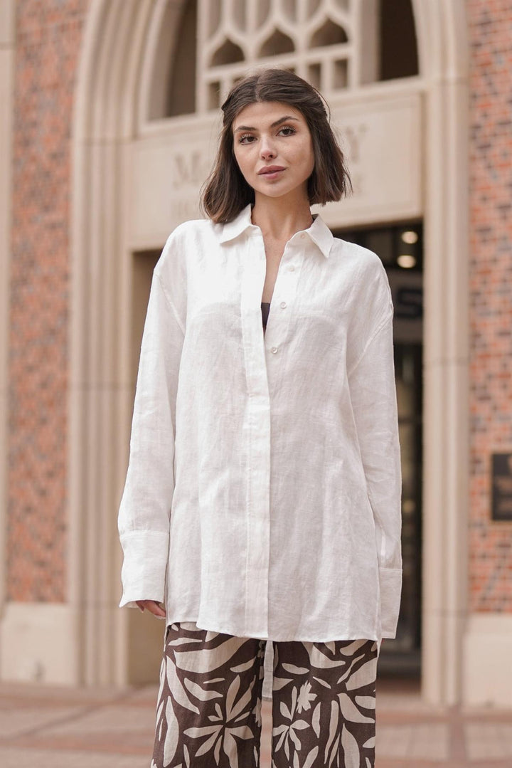 Mia French Linen Twill Oversized Shirt - White - Button Down Shirt