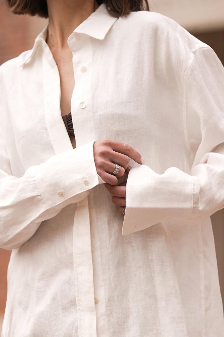 Mia French Linen Twill Oversized Shirt - White - Button Down Shirt
