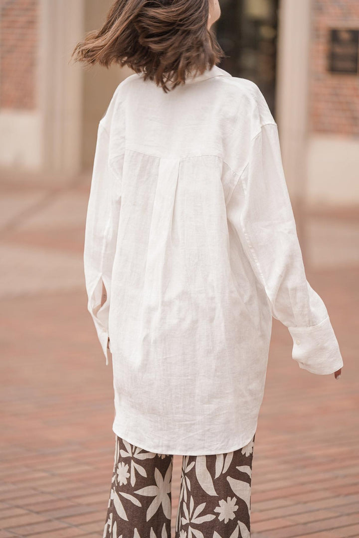 Mia French Linen Twill Oversized Shirt - White - Button Down Shirt